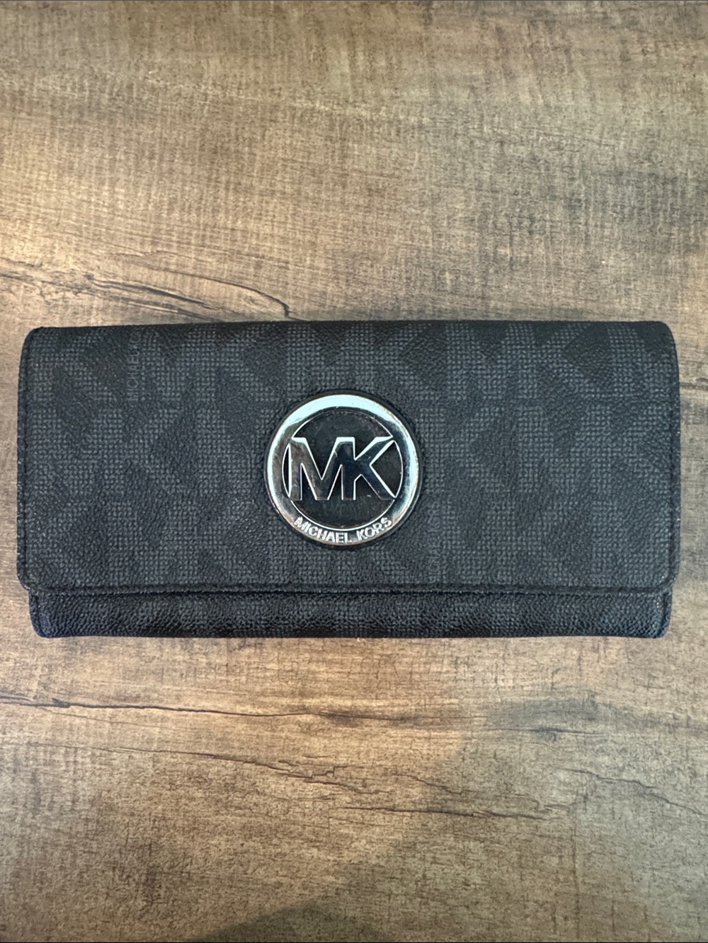 Michael Kors Black MK Logo Continental Wallet with Silver Emblem